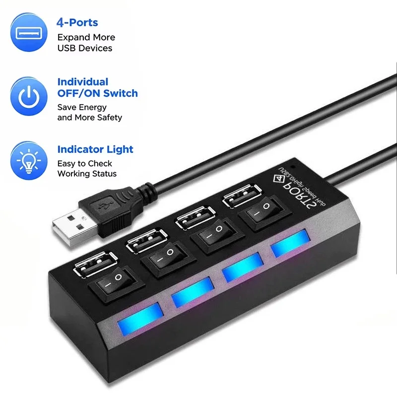 4-Port-USB-Hub-Erweiterungsadapter mit LED-Anzeige und unabhängiger Schaltersteuerung für Laptop, Festplatte, Drucker, Kamera, Tastatur-Kit