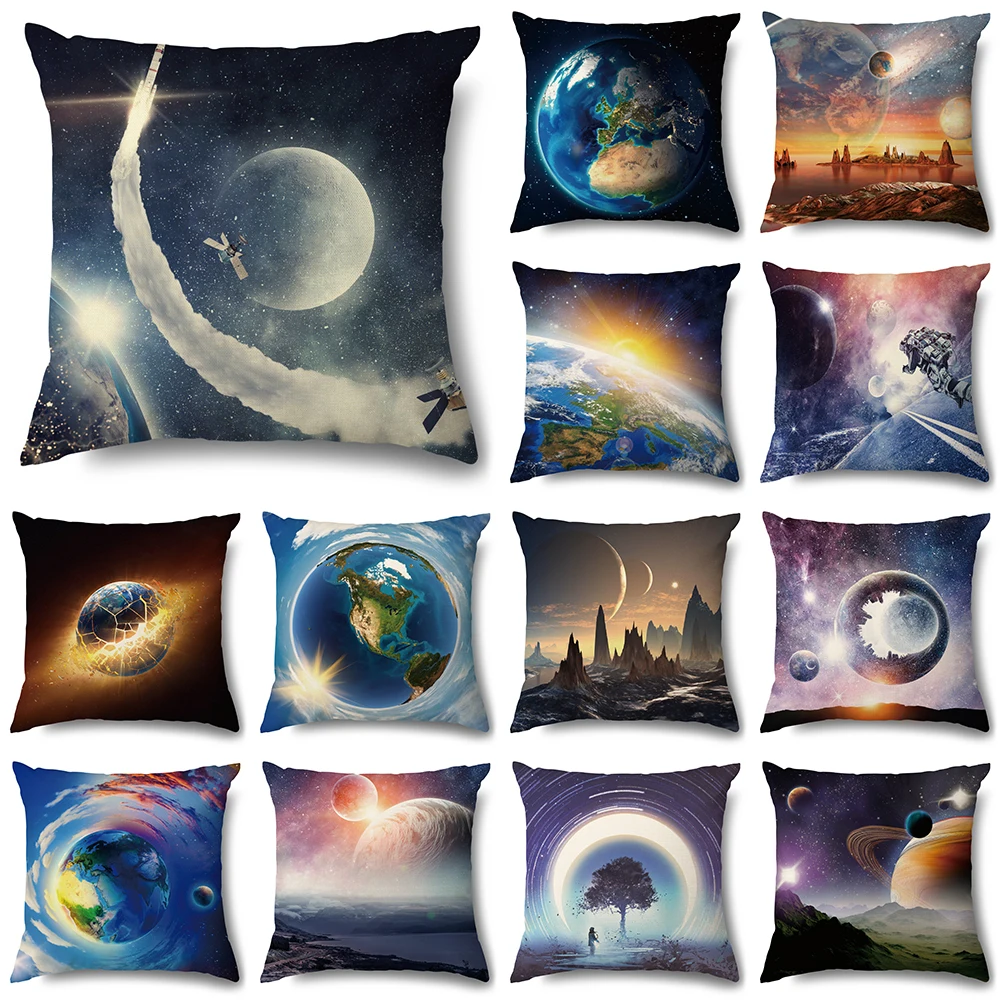 Science Fiction Universe Blue Planet Astronaut Pattern Cushion Cover Home Living Room Sofa Chair Decoration Pillow