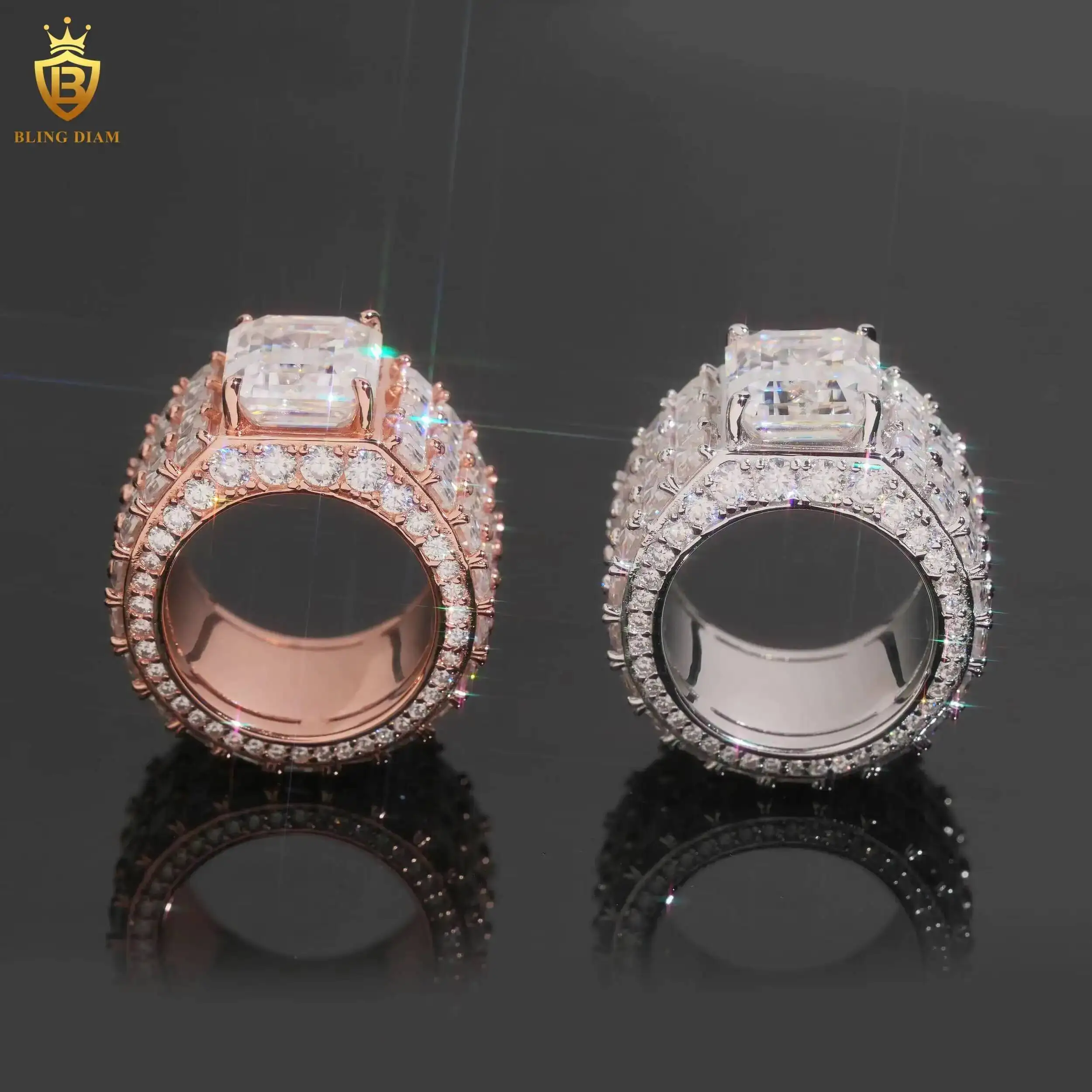 Luxury Jewelry Viatage 925 Sterling Silver 10x12mm 8ct Emerald Cut Moissanite Iced Out Cuban Ring Men's