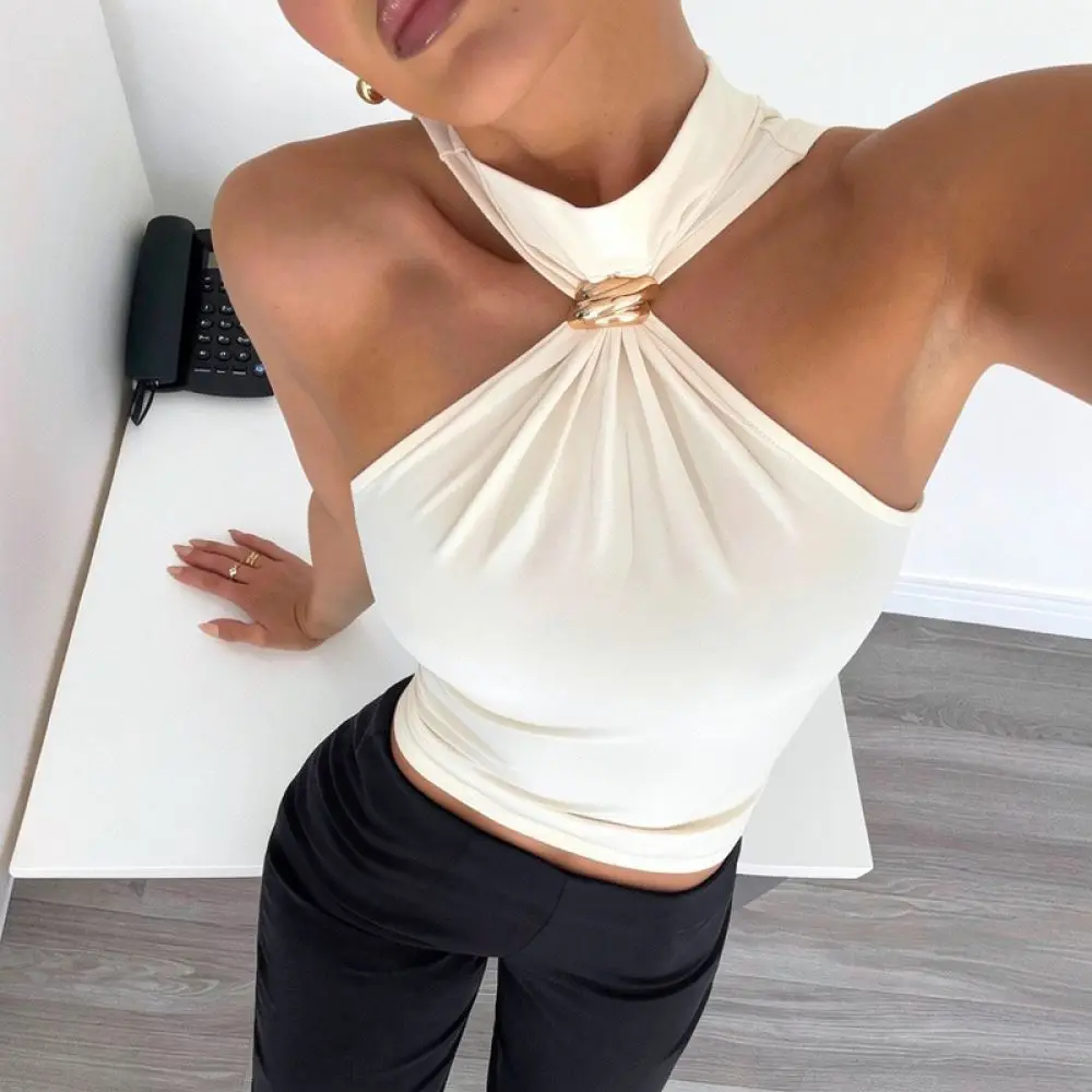 Summer Womens Slim Fit Vest High Neck Metal Ring Detail Sleeveless Elastic Fashion Casual Sexy Street Style Tops