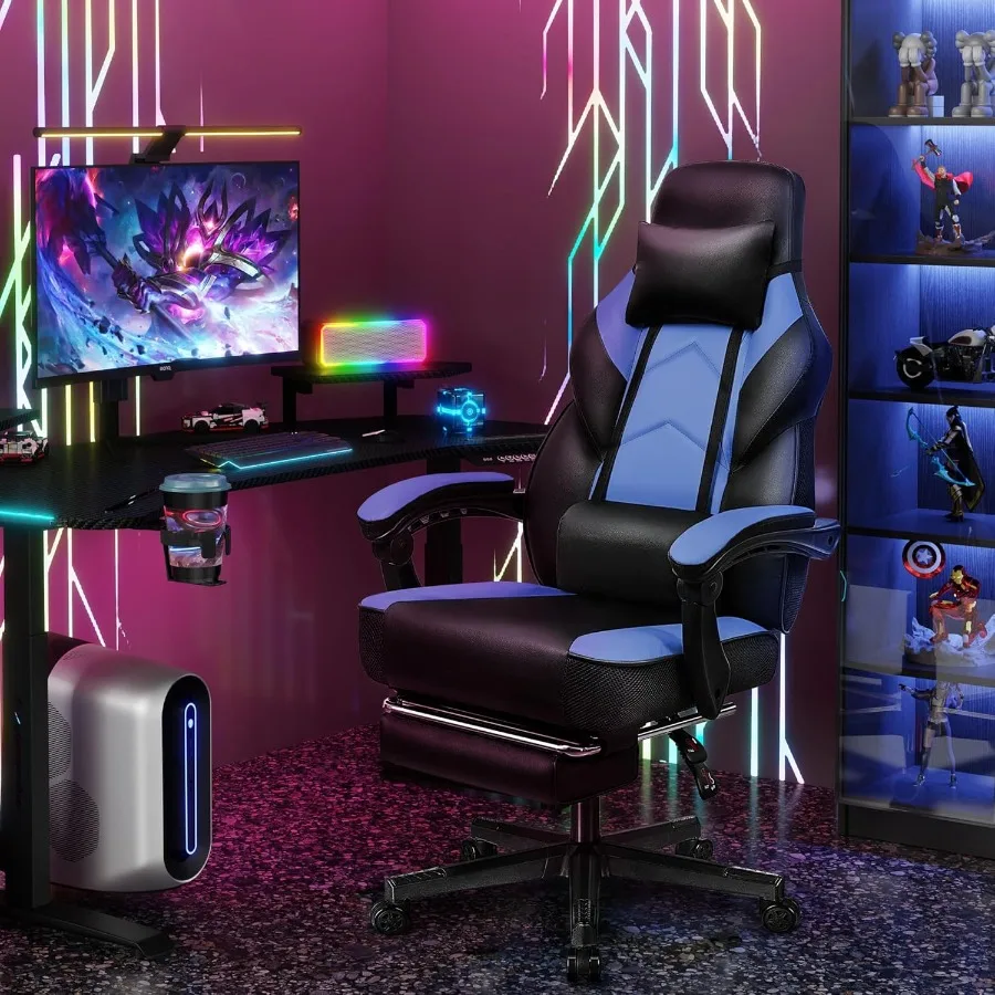 كرسي ألعاب مريح للبالغين مع مسند قدم بارتفاع قابل للتعديل ودعم قطني ومقعد دوار 360 درجة ومسند رأس مصمم