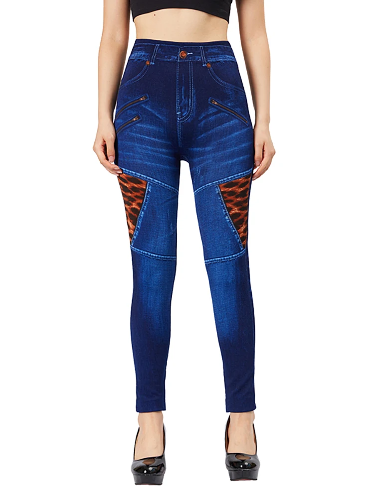 CUHAKCI Splice Leopard Blue False Jeans tasche con cerniera finte stampa Stretch imitazione Denim pantaloni Slim Fit Leggings donna Jeggings