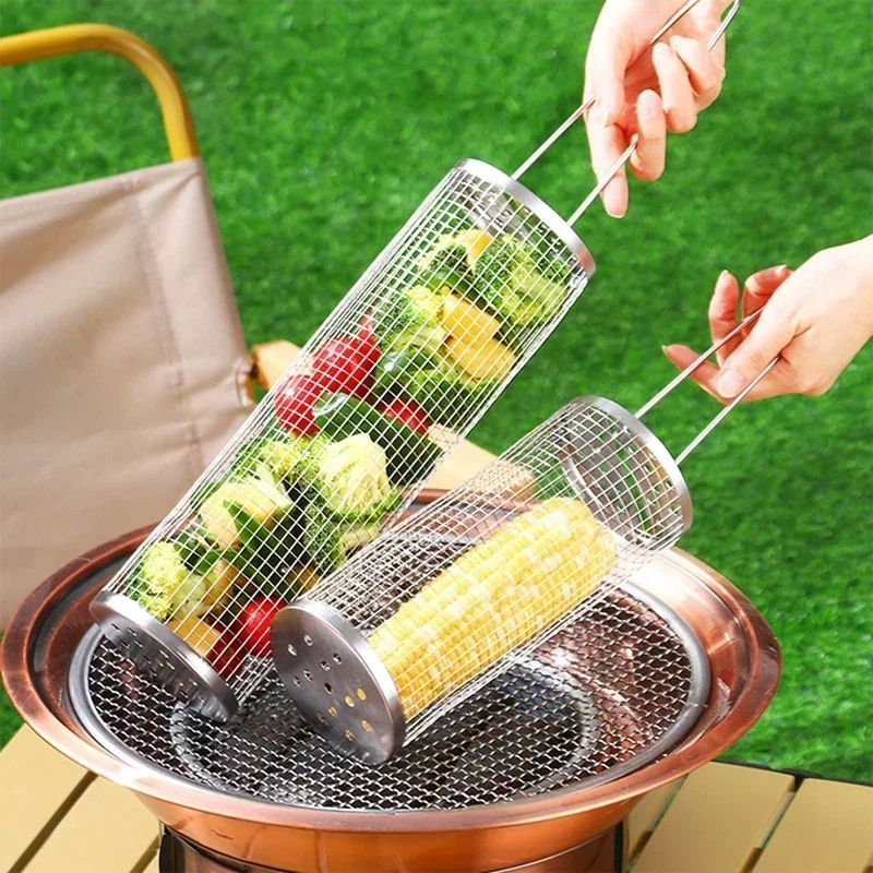 Stainless Steel Outdoor Portable Barbecue Cage Camping Picnic Barbecue Grill Rotating Rolling Barbecue Net Upgrade Barbecue Cage