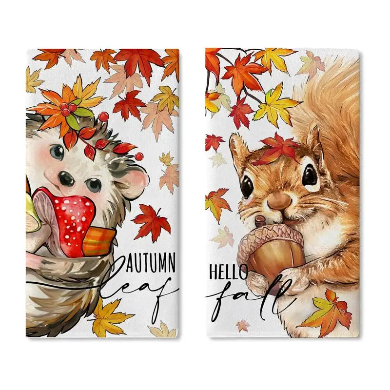 2-Pack, Autumn Squirrel Hedgehog Maple Leaf Print Themed Kitchen Towels, Suitable for Kitchen Decor, Cake Gifts