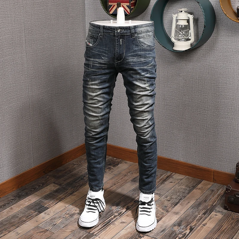 

Fashion Vintage Men Jeans Retro Black Blue Elastic Stretch Slim Ripped Jeans Men Distressed Washed Designer Denim Pants Hombre