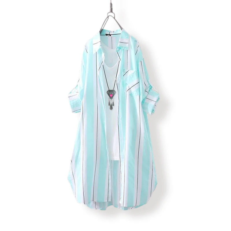 قميص شيفون نسائي معطف رقيق للحماية من الشمس بأكمام طويلة قميص فضفاض مخطط طويل مقاس كبير ملابس نسائية بلوزات نسائية