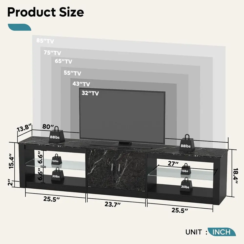 80 Inch TV Stand or 75/85/86 inch TVs, LED Gaming Entertainment Center or PS5 with Storage Cabinet &Adjustable Glass Shelves, La