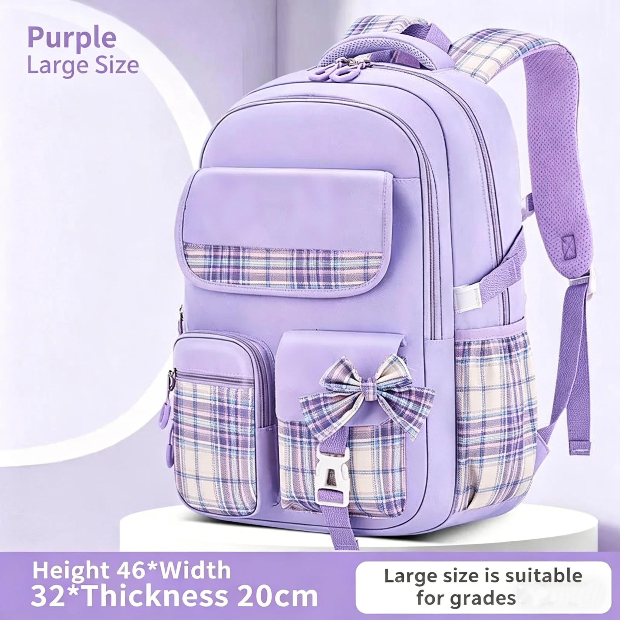 Protecting The Spine Ergonomics Elementary School Students Girls Checkered Backpack Large Capacity Lightweight Waterproof