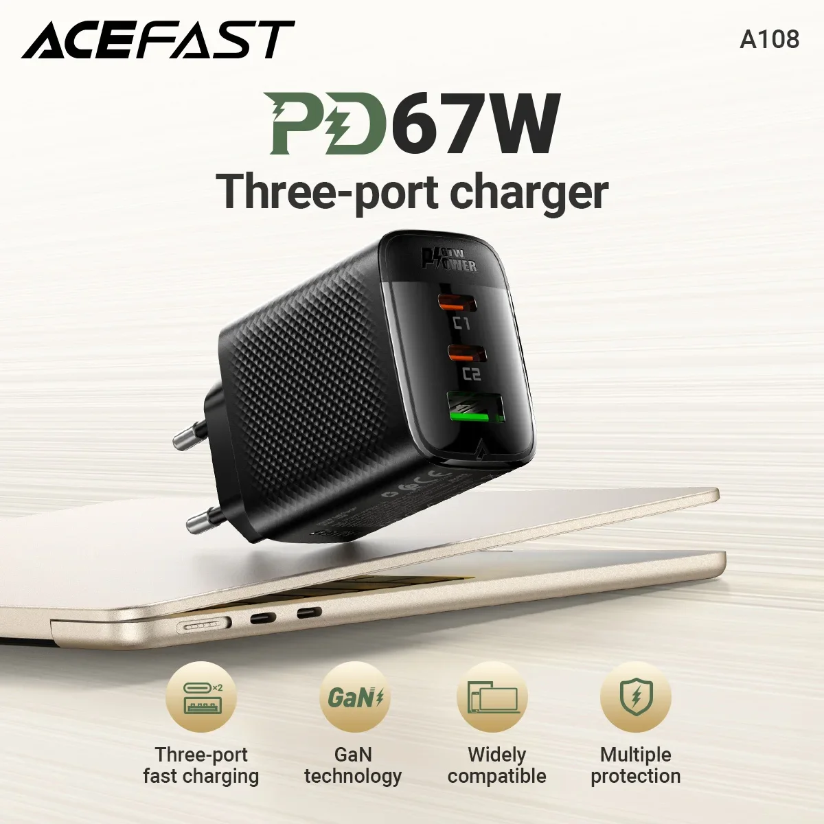 

Умное зарядное устройство PD67W GaN с 3 портами (2C1A) для быстрой зарядки телефонов iPhone 17/16/15/14, Samsung, Huawei, MacBook, iPad