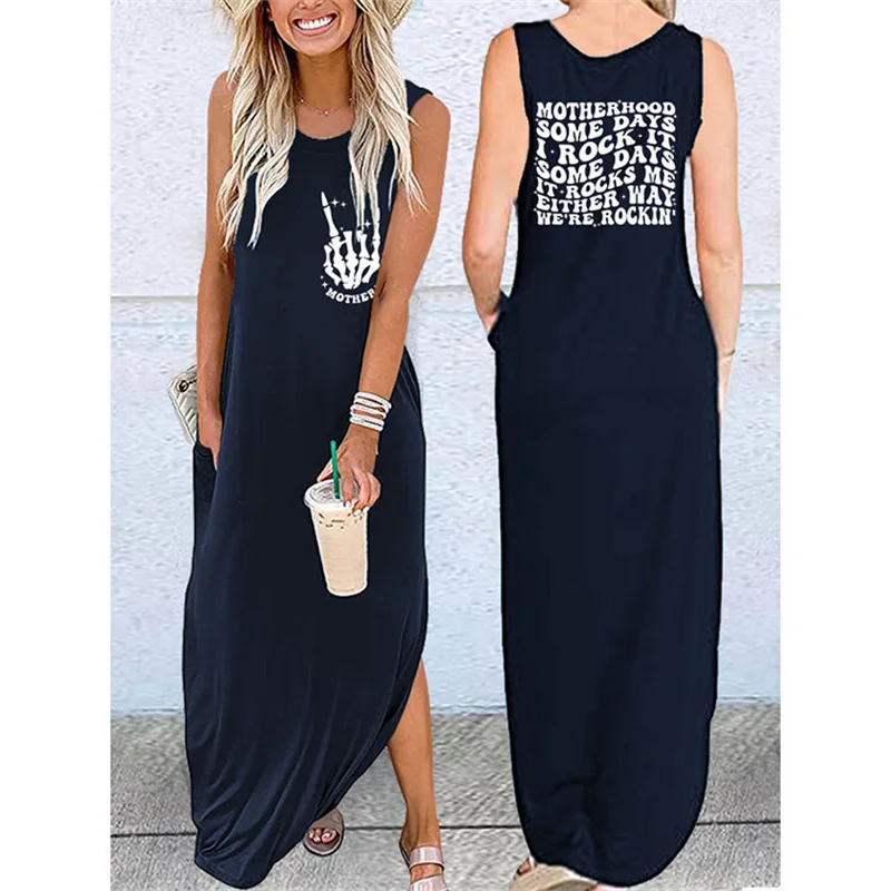 Fashionable summer new cotton women's mo ther hood some days i rock it vests front and back print casual vintage crew-neck dress