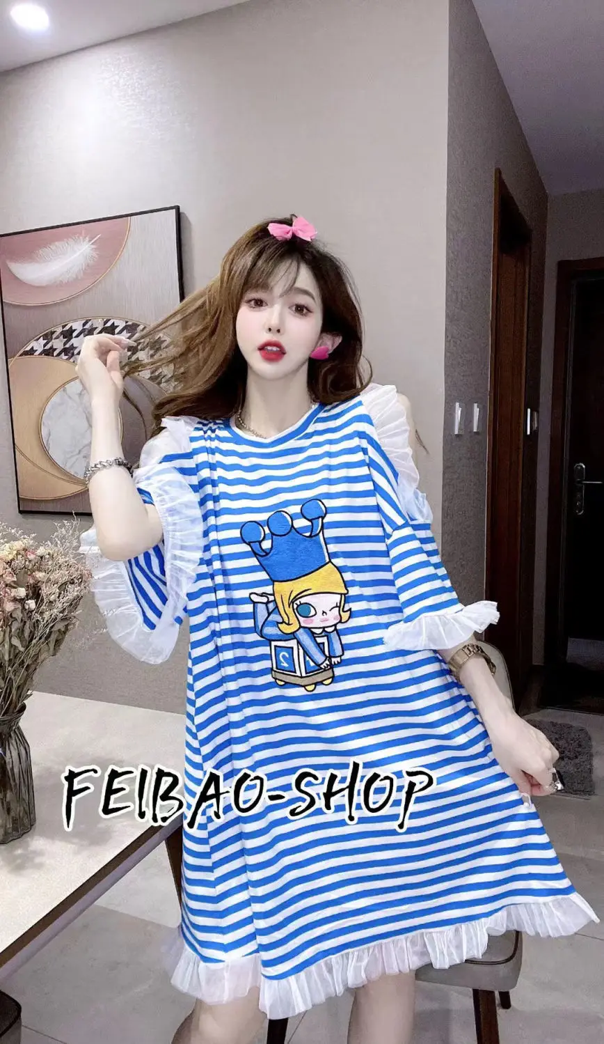 Long Blouses Women Summer Stripped Printed Shirts Cartoon Women Loose Ruffles Oversized Blusas Feminina Vestidos Blouses NZ173