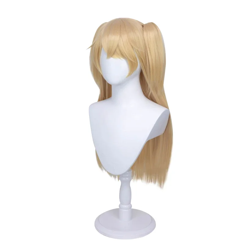 Wig Cosplay Fischl, permainan Wig Genshin Impact Cosplay rambut lurus panjang, rambut kuda nil nytail emas 70cm untuk anak perempuan wanita