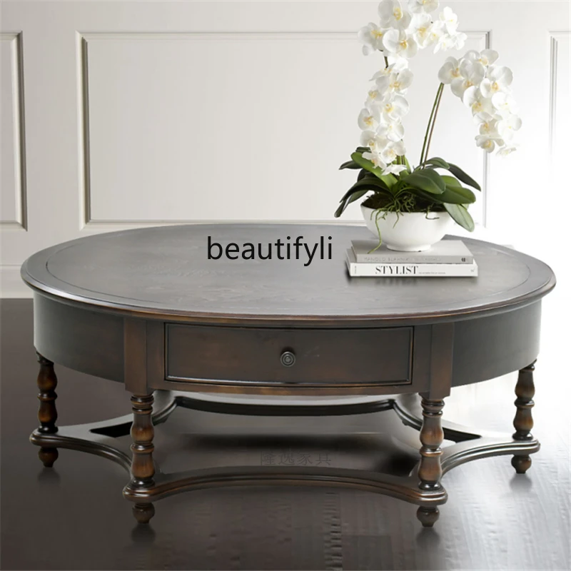 Solid Wood Carving Retro Coffee Table Distressed Light Luxury and Simplicity Coffee Table with Tea Table Drawers