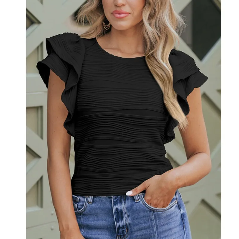 

Summer New Solid Textured Round Neck Pullover for Women's Clothing Temperament Commuting 2024 Fashion Ruffle Short Sleeve Top