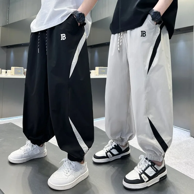 Summer Boys Pants High Street Ice Like Fabric Trousers Black Thin Sports Pants Casual Children's Clothing New Kids Sweatpants