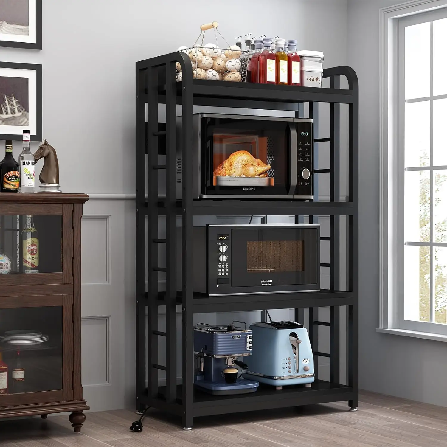 Bakers Rack with Power Outlet ，microwave stand 4-Tier Kitchen Baker's Rack, Free Standing Baker's Rack Kitchen Stands