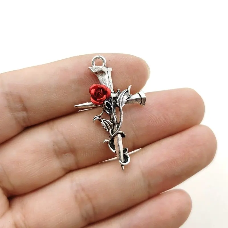 Vintage 10pcs Thorn Rose Cross Sword Charms Red Heart Skull Pendants Charms Fit Jewelry Making DIY Necklace Bracelet Findings