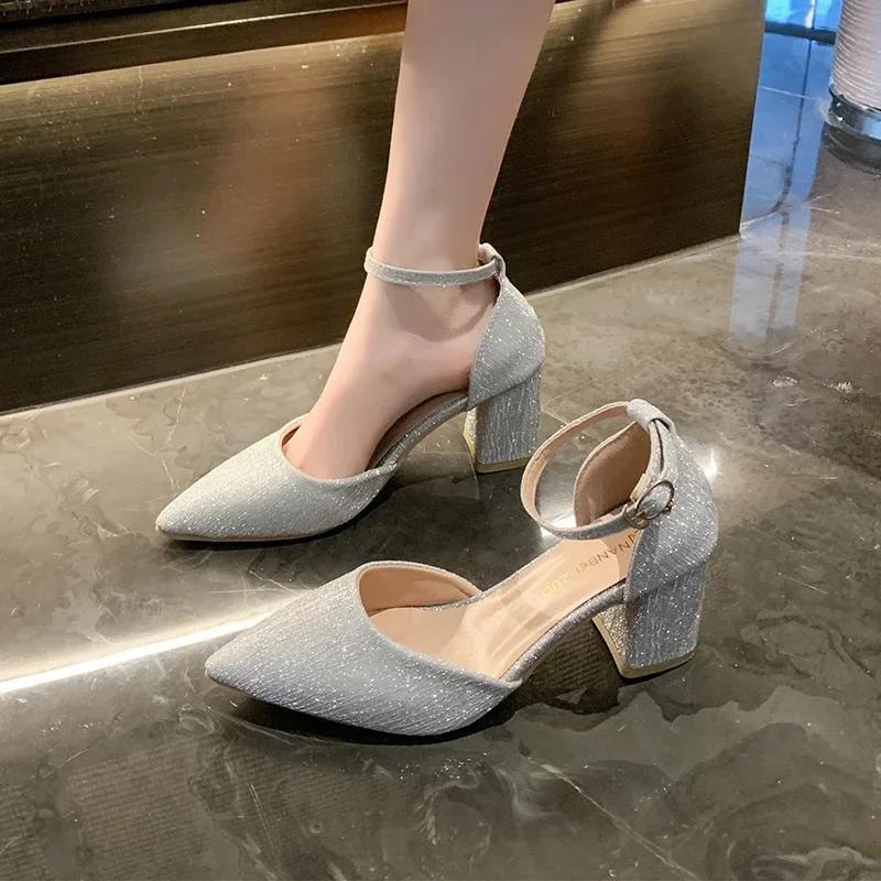 Summer New High Heels Shoes Fashion Sexy Pointed Shoes Banquet Party High Heels Ladies Sandals Square Heel Zapatos Mujer