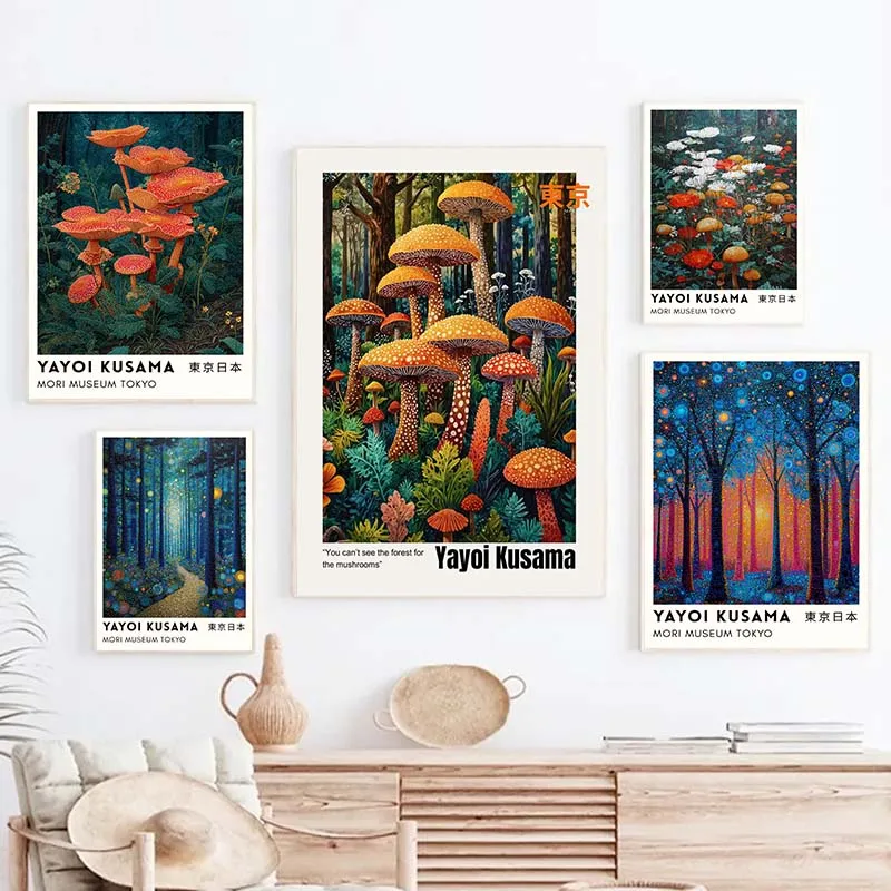 

Whimsical Forest Scene Poster Yayoi Kusama Colorful Wall Art Gallery Canvas Painting Print Landscape Artwork Picture Home Decor