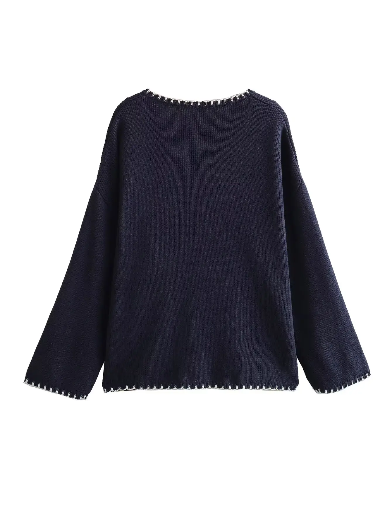 Plus Size Women\'s Clothing Sweater Knitted Sweater Decorated With White Lines And Crochet Strokes Spring Autumn Loose Pullover