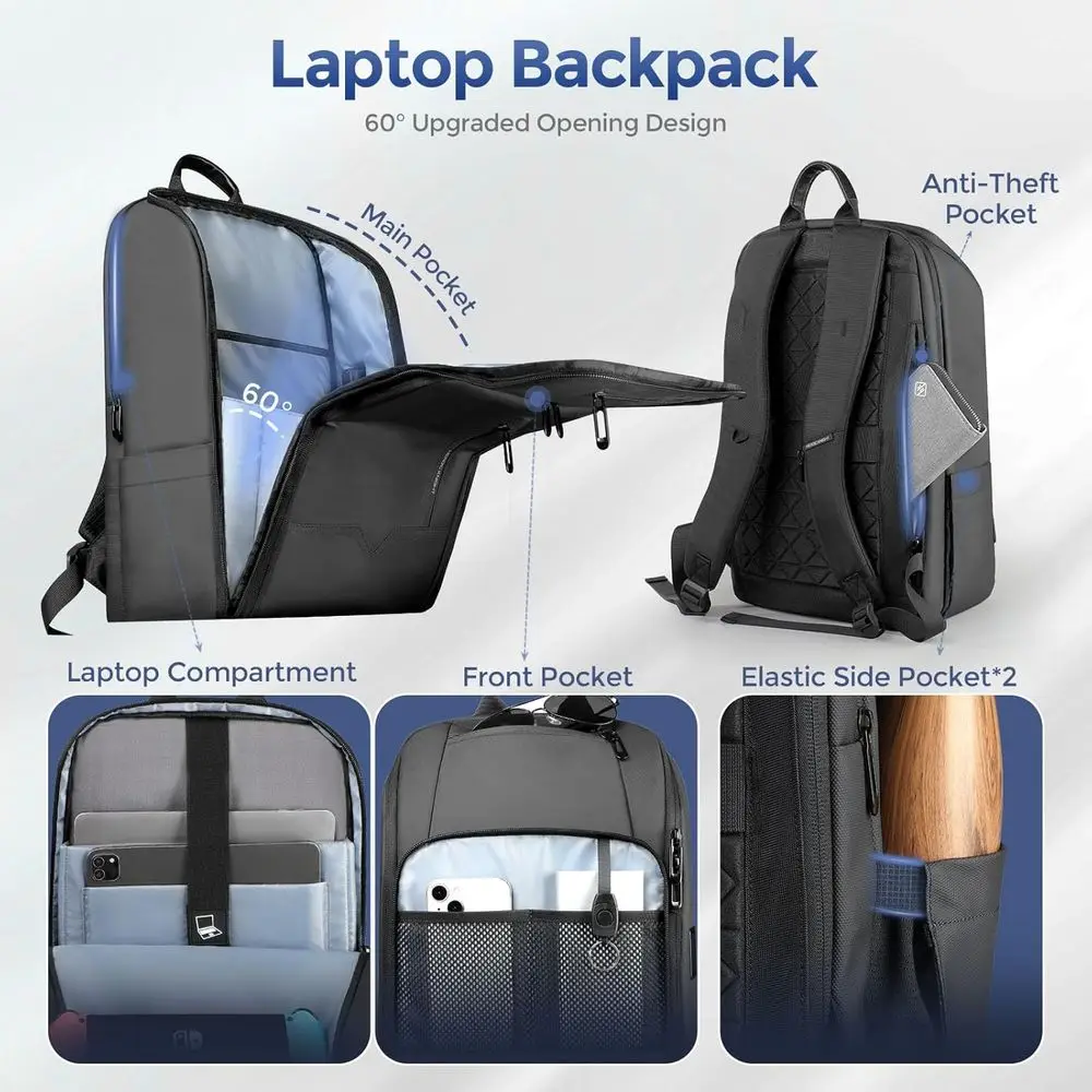Herren-Reise-Laptop-Rucksack mit USB-Ladeanschluss, wasserabweisender Handgepäck-Rucksack oder 15,6-Zoll-Computer, Anti-Thet-Laptop-Rucksack B
