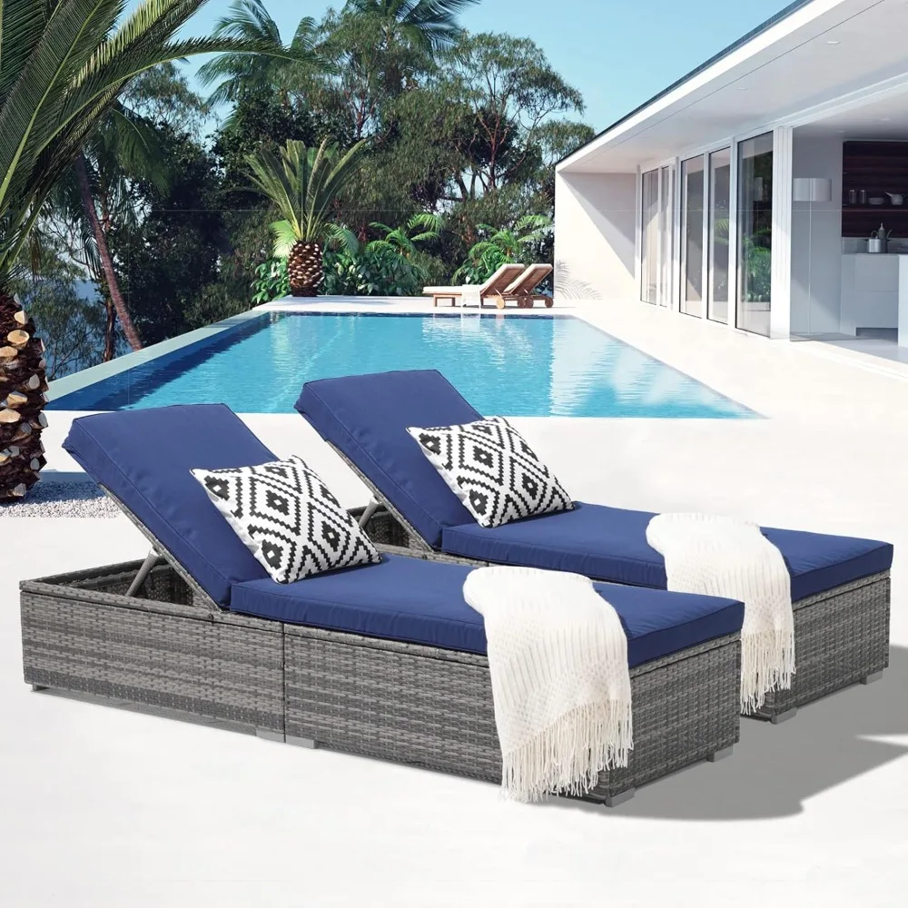 

Outdoor Patio Chaise Lounge Chair, Elegant Reclining Adjustable Pool Rattan Chaise Lounge Chair with Navy Blue Cushion, Grey PE