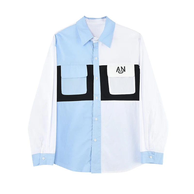 Shirt Men Splice Color Loose Casual Long Sleeve Shirts Youth Fashion Korean Streetwear Chic Shirts and Blouse for Male