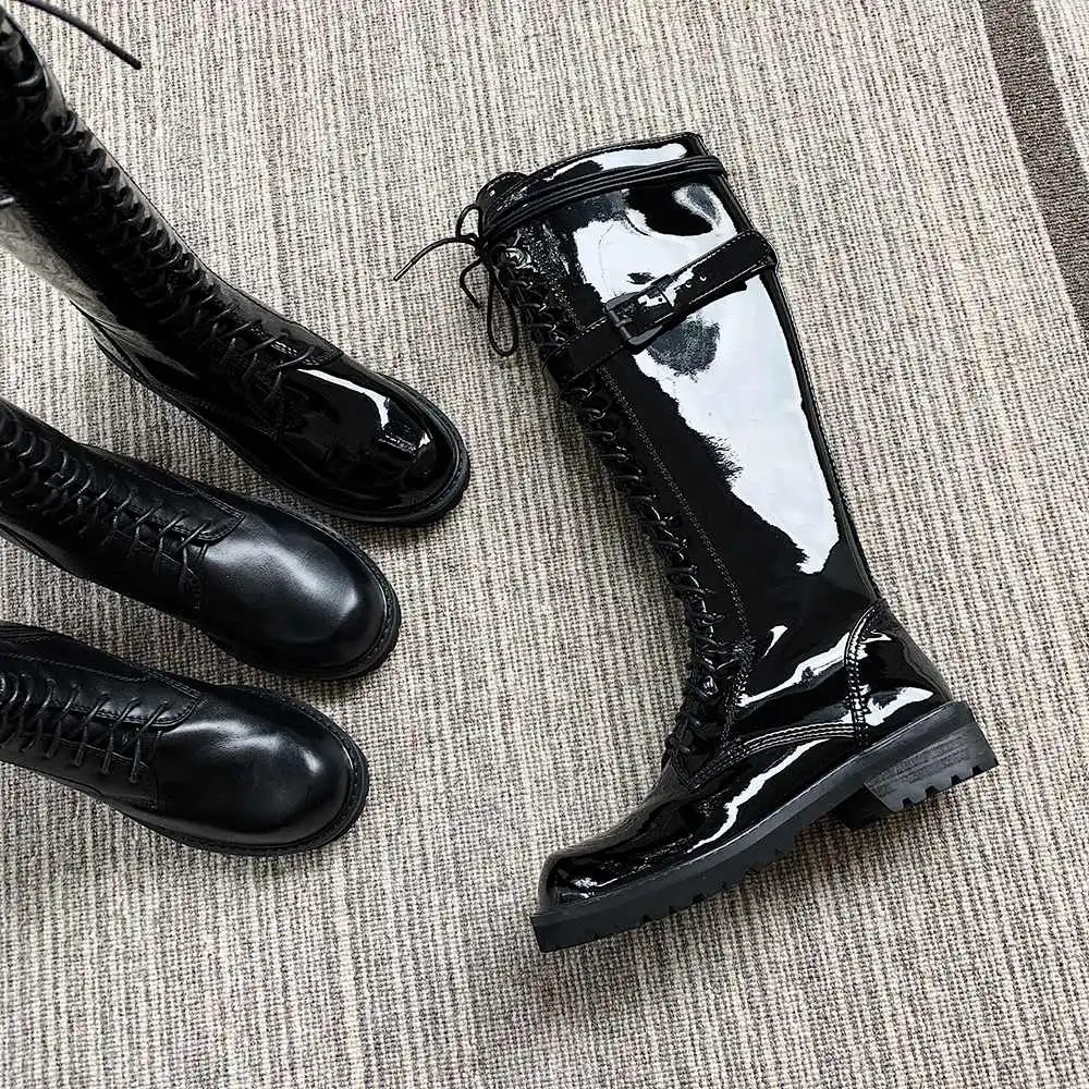 Krazing Pot Cow Patent Leather Cross-tied Round Toe Rock Singer Equestrian Long Boots Big Size Platform Warm Thigh High Boots