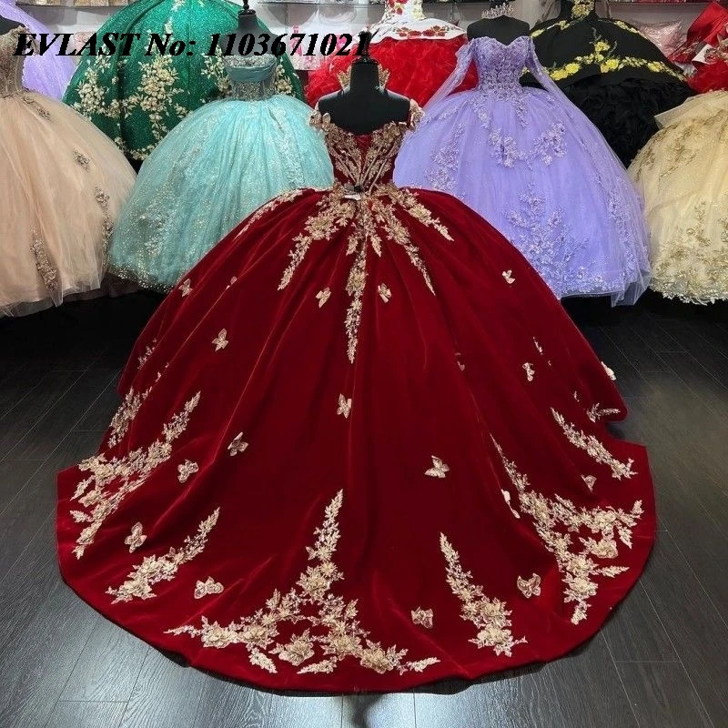 EVLAST Burgundy Quinceanera Gaun gaun bola gaun emas renda kupu-kupu Applique manik-manik dengan Cape manis 16 Vestidos De XV 15 Anos SQ39