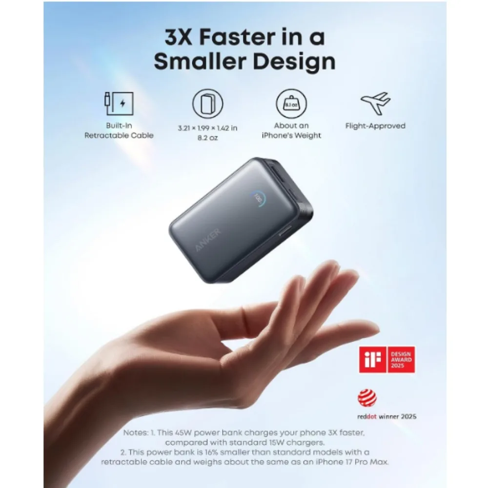 Anker A1638 Nano Powerbank 10000mAh 45W PD Built-in Retractable USB-C Cable Smart Display Portable Charger for IPhone Samsung