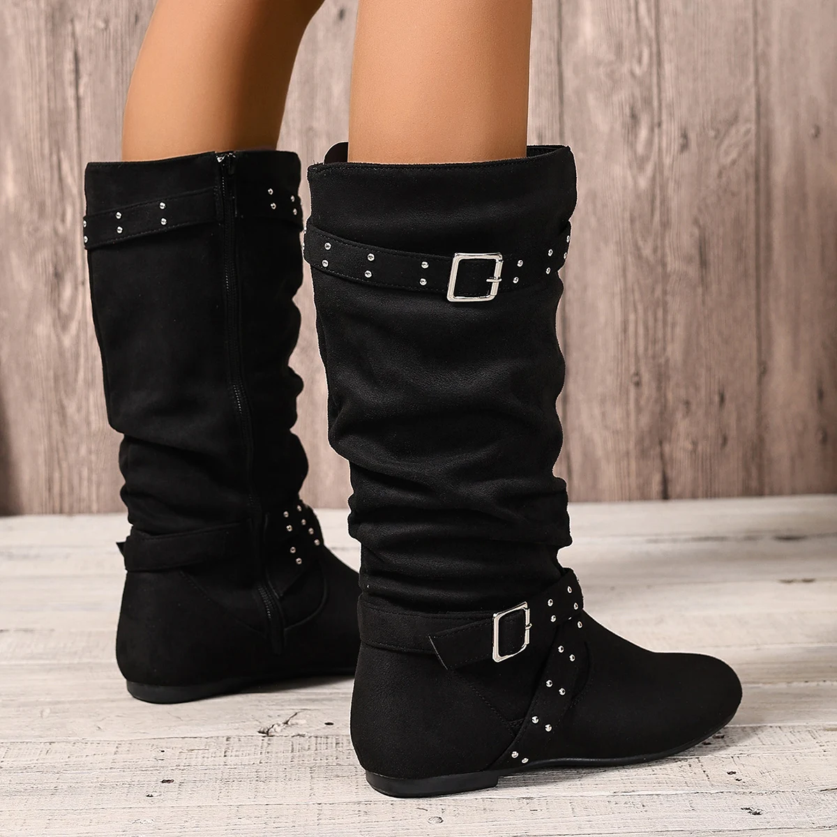 Wide-Calf Side-Zip Flat Boots 2