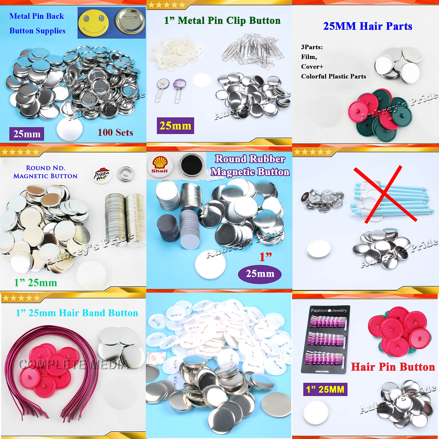 100 Sets 1 Zoll 25 mm Metall-Büroklammerknopf-Versorgungsmaterialien für professionelle Abzeichen-Knopfhersteller aus Ganzstahl – Detail 1