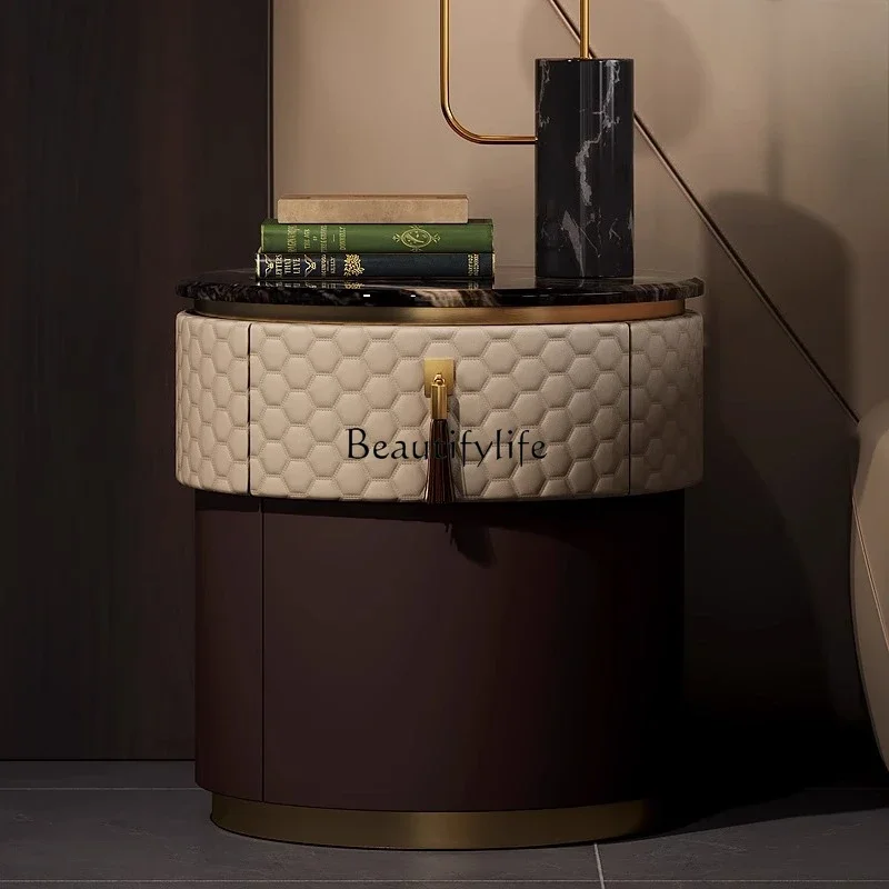 

Light luxury leather fashion marble bedside table Italian postmodern bedroom bedside tableL
