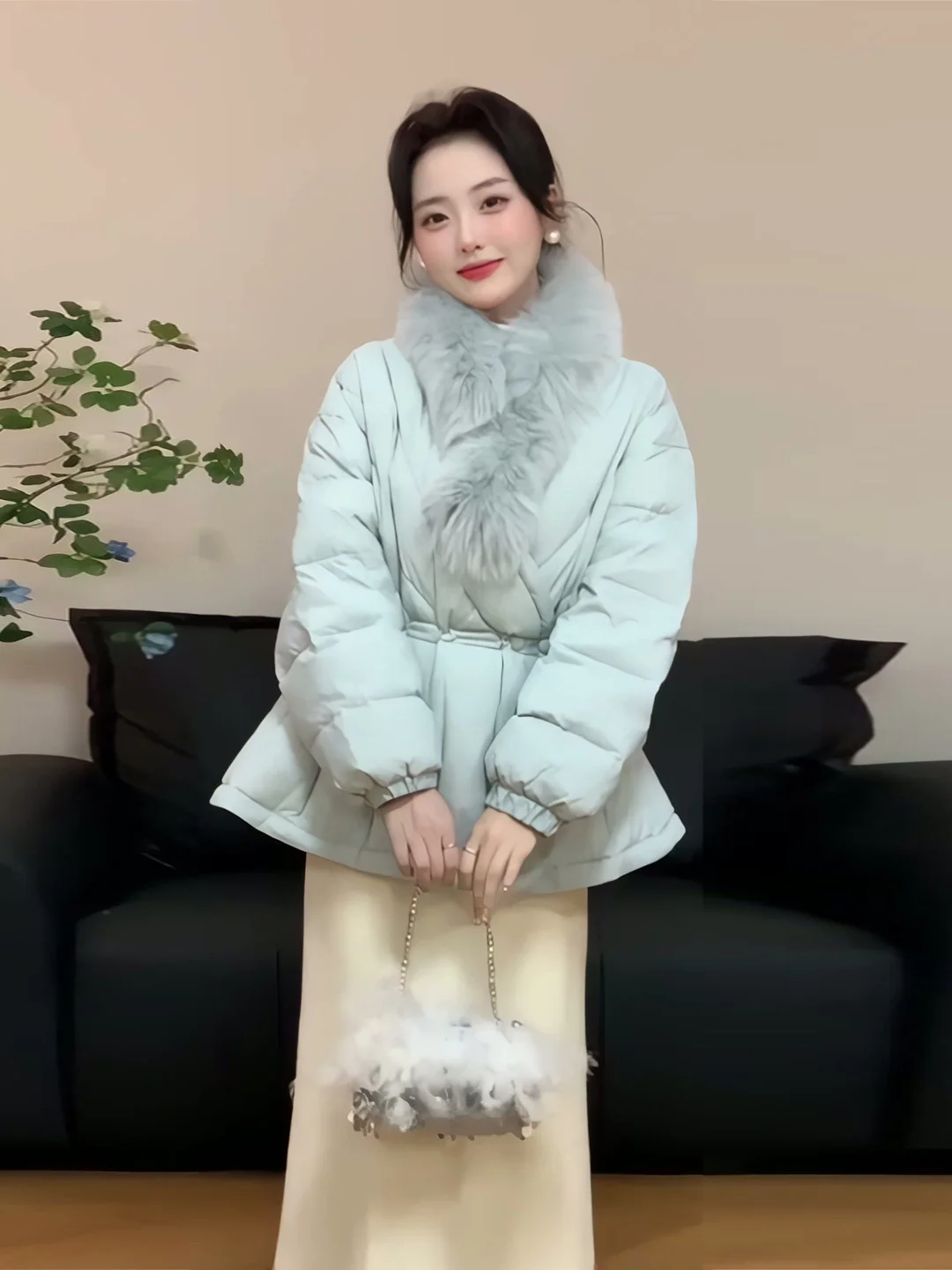 

Princ Sle ort Blue down Jaet Women's Coat Waist-Cinching Fur Collar Winter Outerwear Faionable Cact Size