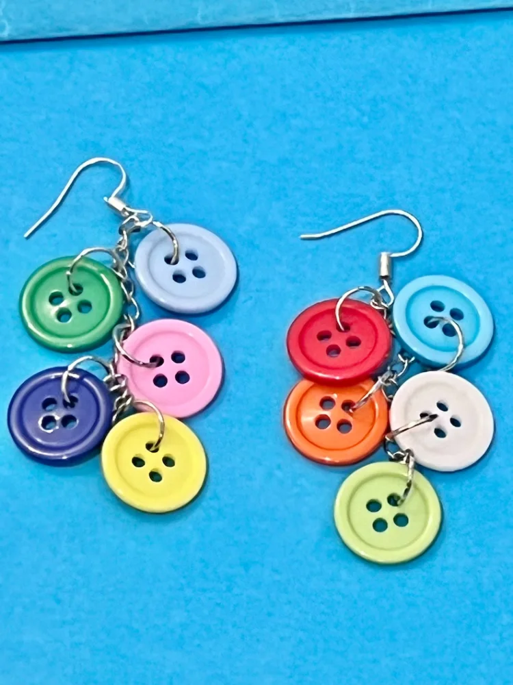 Button Cluster Dangle Earrings Handmade Fun Quirky Fashion Ear Jewelry For Women