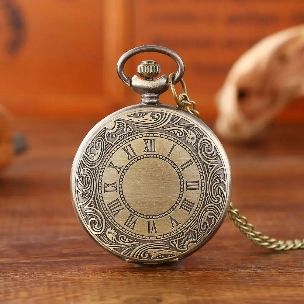Steampunk Clock Necklace Quartz Movement Hollow Chain Watches Bronze Finish Roman numerals Pocket Watch Pendant For Women Men