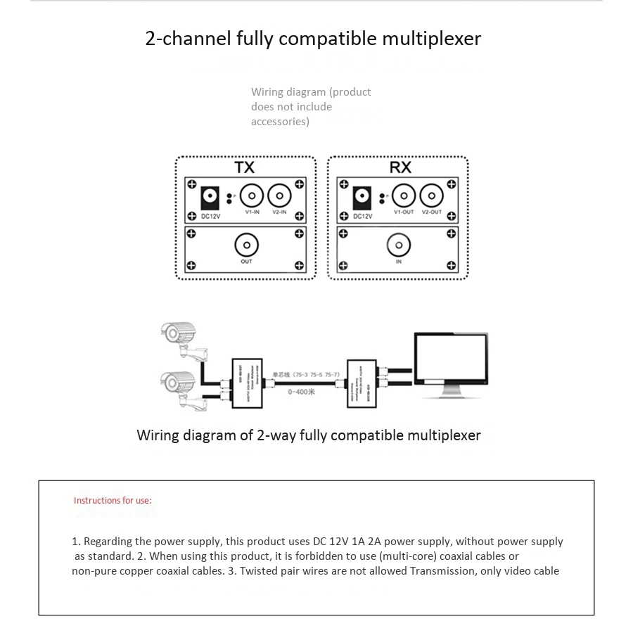 Two-Channel AHD/CVI/TVI1080P HD Video Multiplexer Coaxial HD Expander Adder For Camera