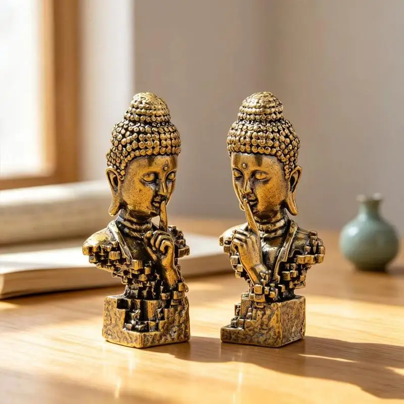Stille Buddhismus-Statue aus Messing, Vintage-Schreibtischdekoration, 1/3 Stück, tragbare Mini-Religionsdekoration für Reisen, Altar, Zuhause, Büro, Schreibtisch – Detail 3