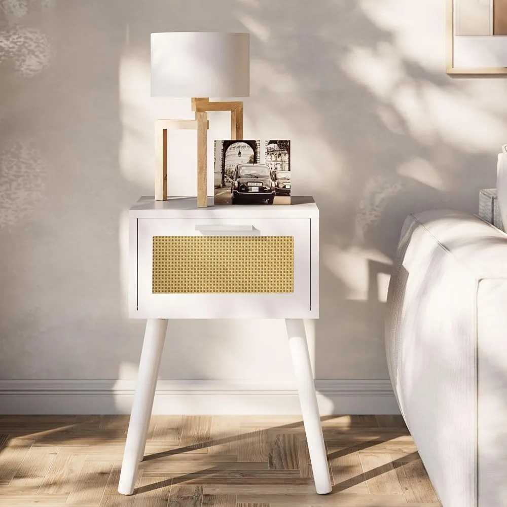 مجموعة منضدة YMYNY مكونة من 2، طاولة نهائية، طاولة صغيرة بجانب السرير، درج مزين بالروطان مصنوع يدويًا، أرجل من الخشب الصلب، طاولة جانبية حديثة