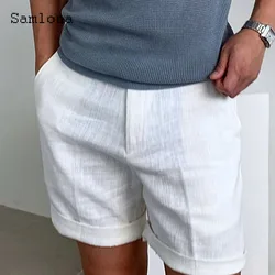 Shorts masculinos de linho de algodão boho vintage, estilo europeu, calça cruzada curta casual para praia, calça branca sólida com cordão cáqui, 2024