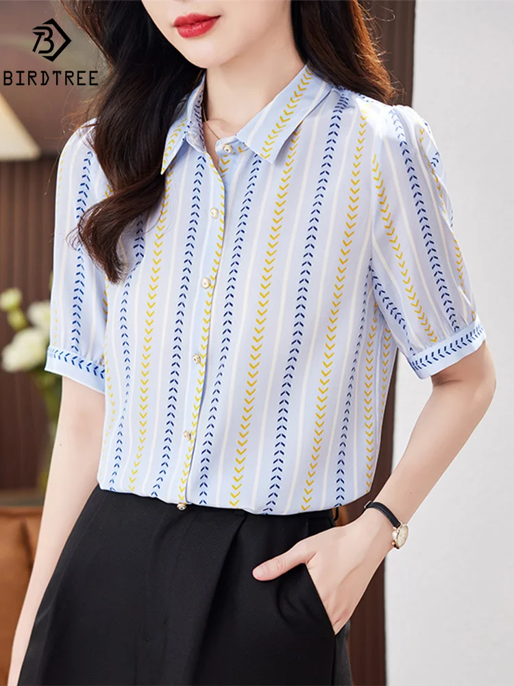 

BirdTree, 100%Natural Silk Elegant Shirt, Women Short Sleeve Printed, Commute Versatile Blouses, 2024 Summer Autumn New T47585QM