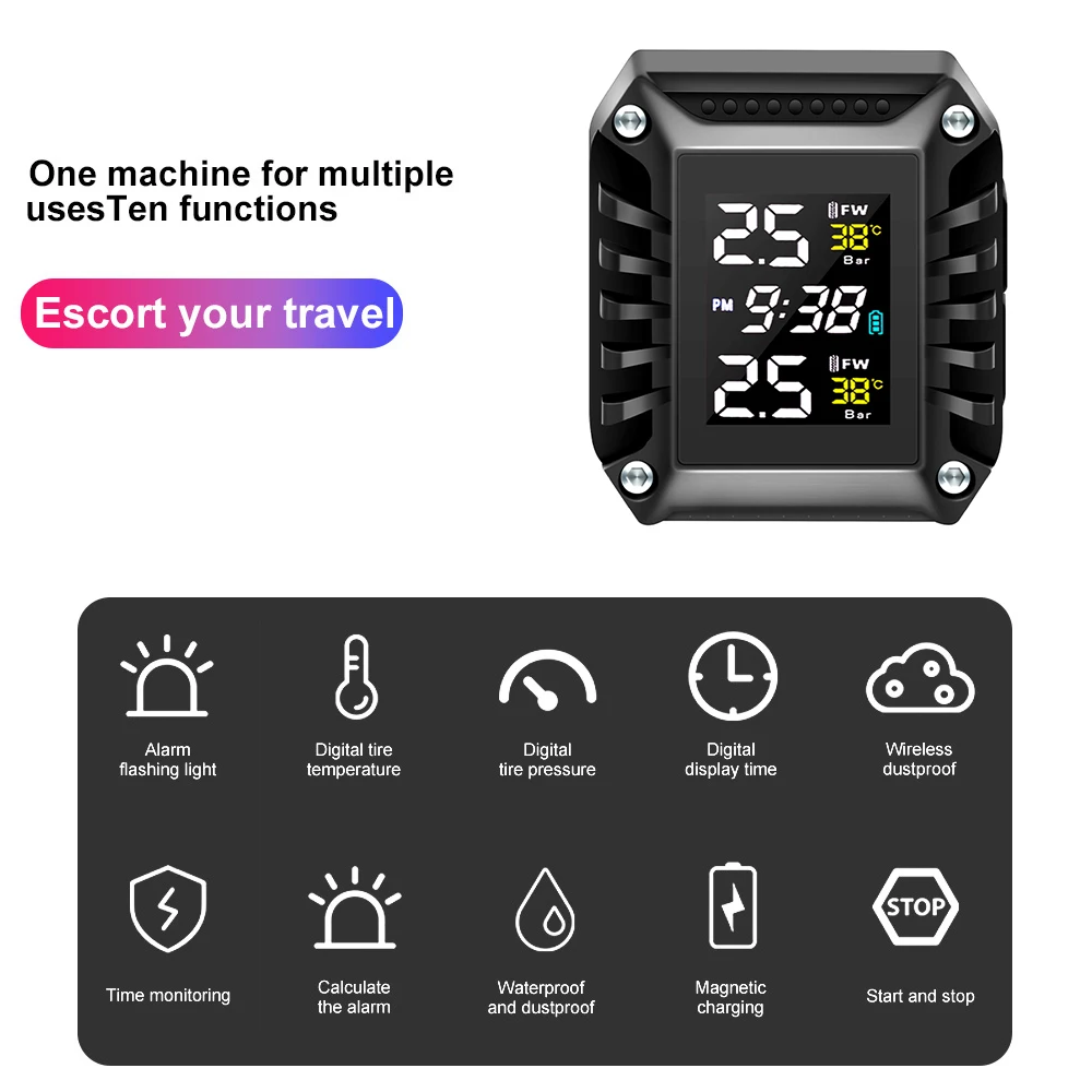 Wireless Motorcycle TPMS Motorbike Tire Pressure Monitoring Tyre Temperature Alarm System with 2 External Sensors Time Display