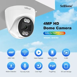 Srihome Sh030 4.0mp Dome Ip Camera H.265 Beveiliging Cctv Wifi Camera Tweeweg Audio Alarm Push Onvif Videobewaking Werk Op Nvr