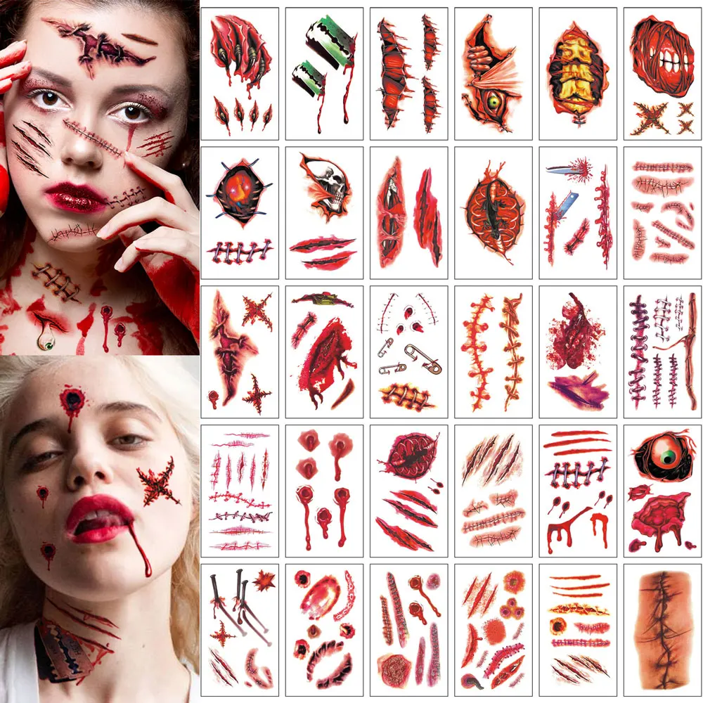 

30pcs Waterproof Halloween Tattoo Stickers Bleeding Wound Scar Temporary Tattoos for Women Men Fake Tattoo For Halloween Party