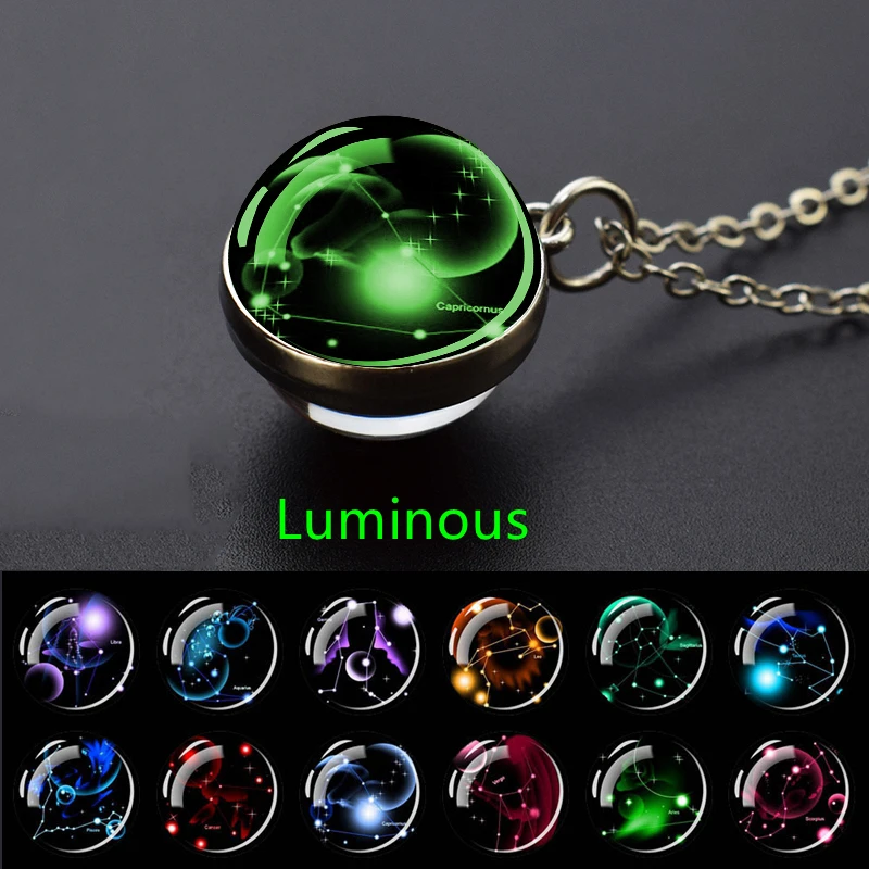 12 Constellation Necklace Starry Sky Luminous Zodiac Glass Ball Pendant Necklace Christmas Gift for Men Women