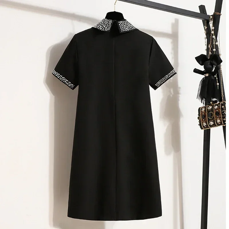 فستان قصير بياقة بيتر بان مطرز بالماس اللامع للسيدات ، موضة أنيقة ، سيدة مكتب ، تي شيرت بسيط ، أنيق ، جديد ، صيف
