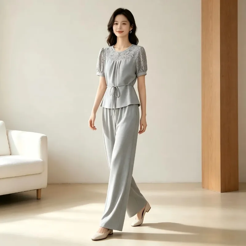 

Women Elegant Lace Spliced Short Sleeve Tie Waist Top Wide Leg Pants 2 Pieces Summer Outfit