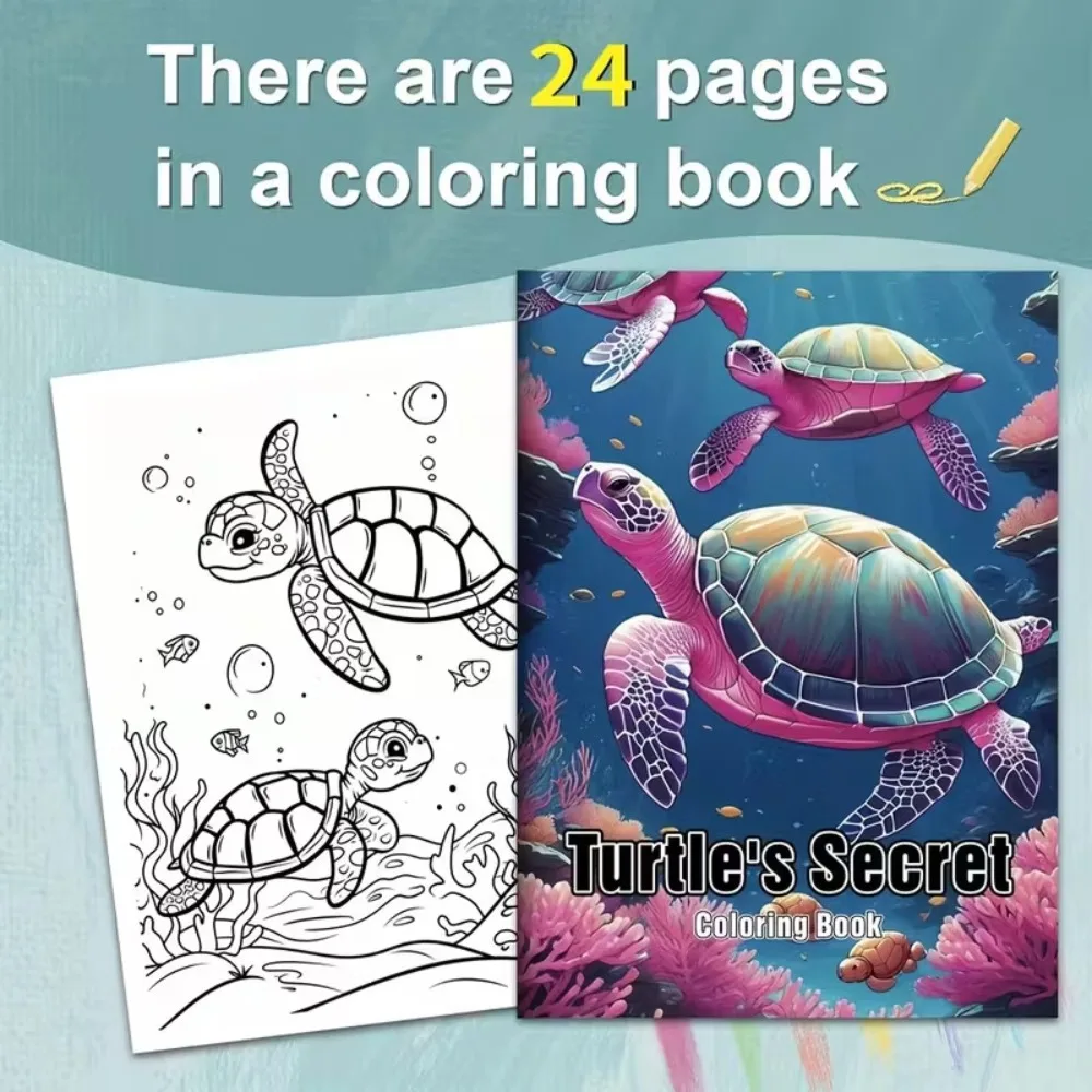 A4 Turtle's Secret Adult Coloring Book 24 Pages Underwater Adventure Art Stress Relief Relaxation Creative Gift