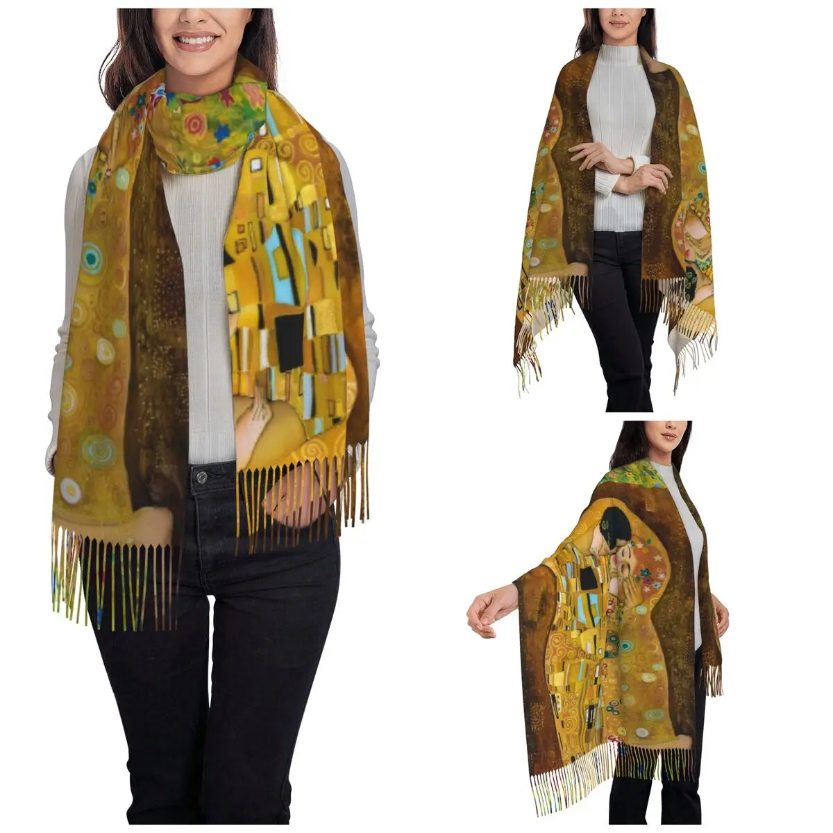 Womens Scarf with Tassel Gustav Klimt The Kiss Large Soft Warm Shawl and Wrap Abstract Freyas Art Daily Wear Pashmina Scarves