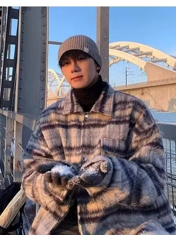 الرجال معطف الصوف منقوشة الخريف الشتاء خمر بدوره إلى أسفل طوق الكورية Sle العصرية سترة واقية Jaet الدافئة الباردة واقية طويلة Sl...